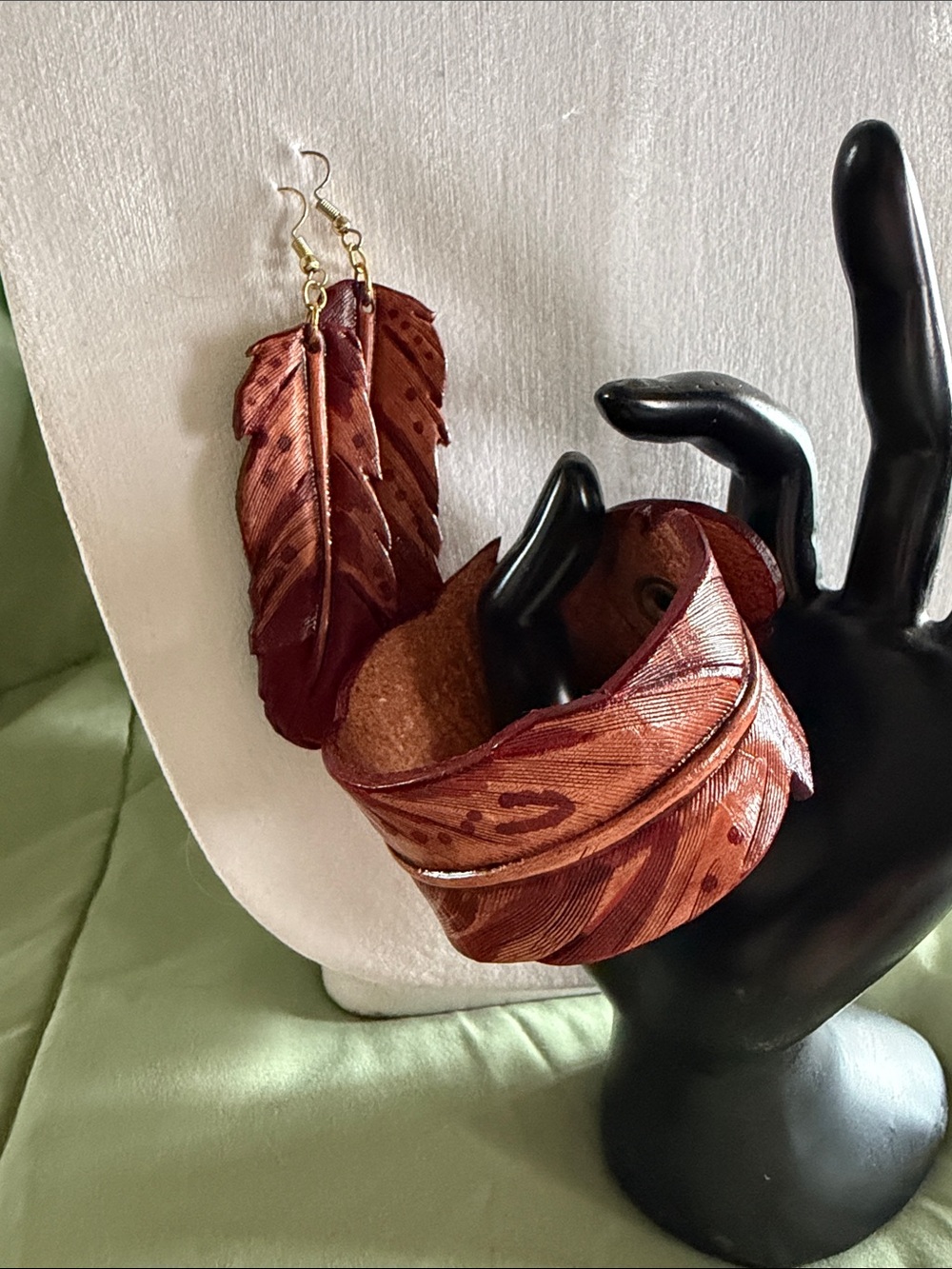 Handcrafted Brown Feather Leather Bracelet & Earrings Set